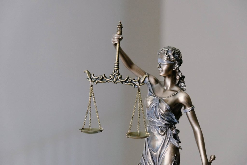 A Lady Justice statue found in a law school classroom