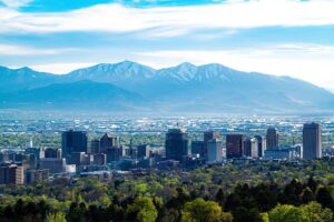 Downtown Salt Lake City with the mountains in the background