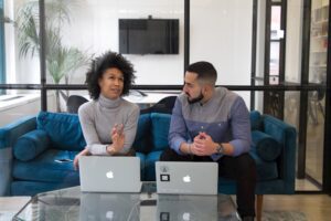 A man and a woman learning how to start a business in Utah.